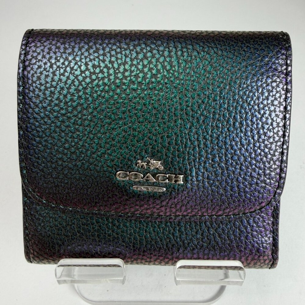Coach Small Wallet Hologram Leather Trifold Damaged Interior